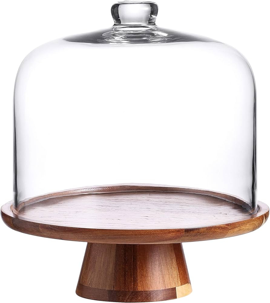 WHOLE HOUSEWARES Flat Round Wood Server Cake Stand with Dome | Cake Display Server Tray for Kitch... | Amazon (US)