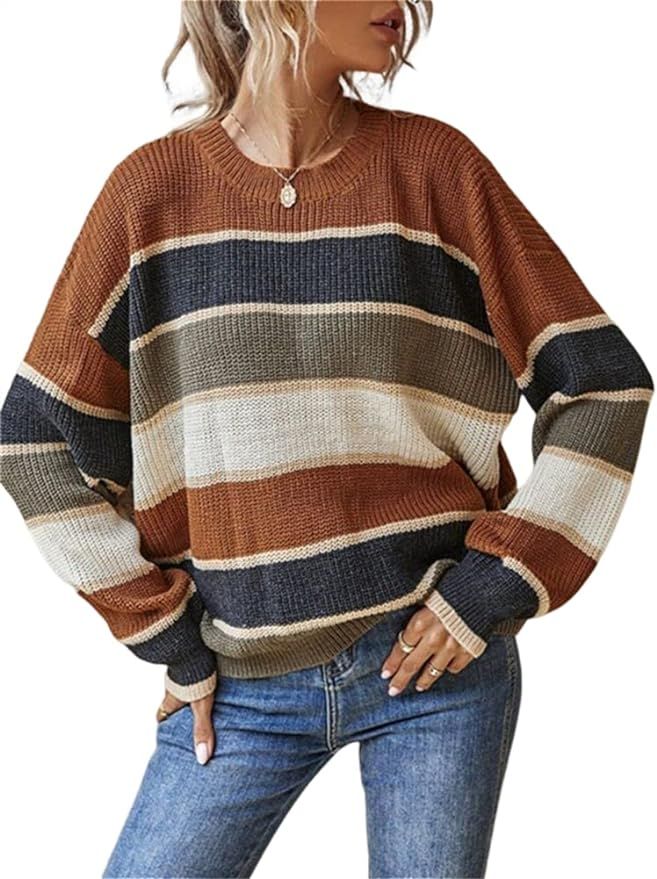 AIWUFLY Women's Crew Neck Stripe Color Block Knit Sweater Pullover Long Sleeve Loose Casual Ribbe... | Amazon (US)