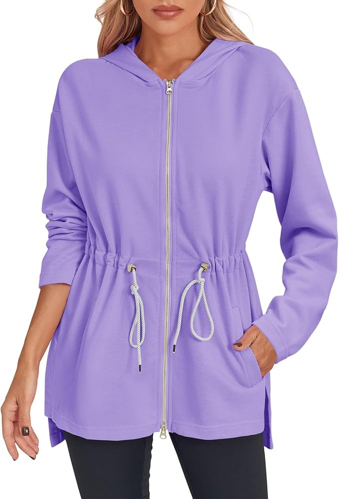 Fisoew Women's Zip Up Hoodie Sweatshirts Oversized Long Sleeve Casual Drawstring Waist Side Slit ... | Amazon (US)