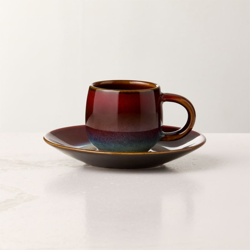 Mori Burgundy and Blue Espresso Cup and Saucer with Reactive Glaze 3oz + Reviews | CB2 | CB2