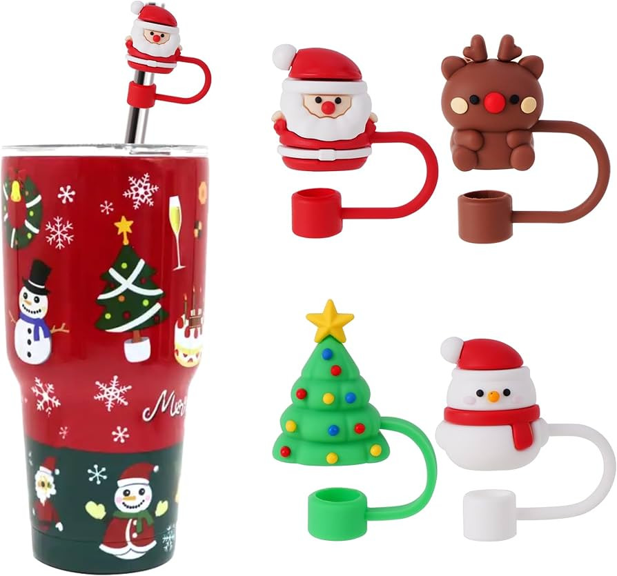 4 Pcs Christmas Straw Cover Cap for Stanley Cup, 10mm 0.4in Stanley Accessories Xmas Toppers Cap ... | Amazon (US)