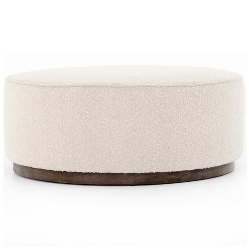 Leah Modern Classic Beige Boucle Upholstered Brown Wood Round Ottoman - Large | Kathy Kuo Home