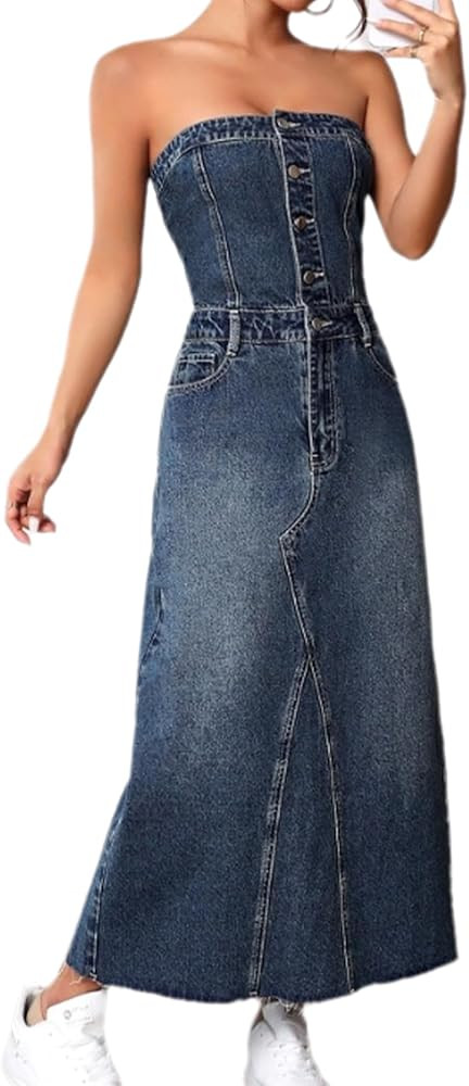 Womens Strapless Tube Denim Dress Sexy Sleeveless Button Down Bodycon Split Party Jean Midi Dress | Amazon (US)