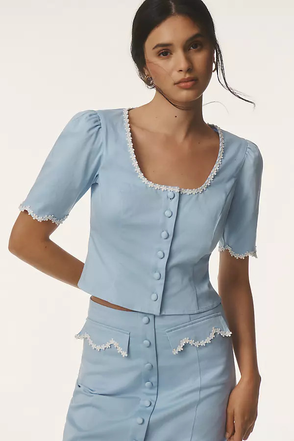 Short-Sleeve Scoop-Neck Lace-Trim Blouse | Anthropologie (US)