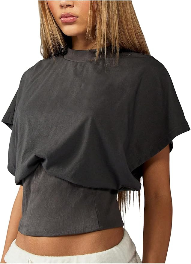 SHENHE Women's Cap Sleeve Dolman T Shirt Crew Neck Cinched Waist Loose Summer Crop Top | Amazon (US)