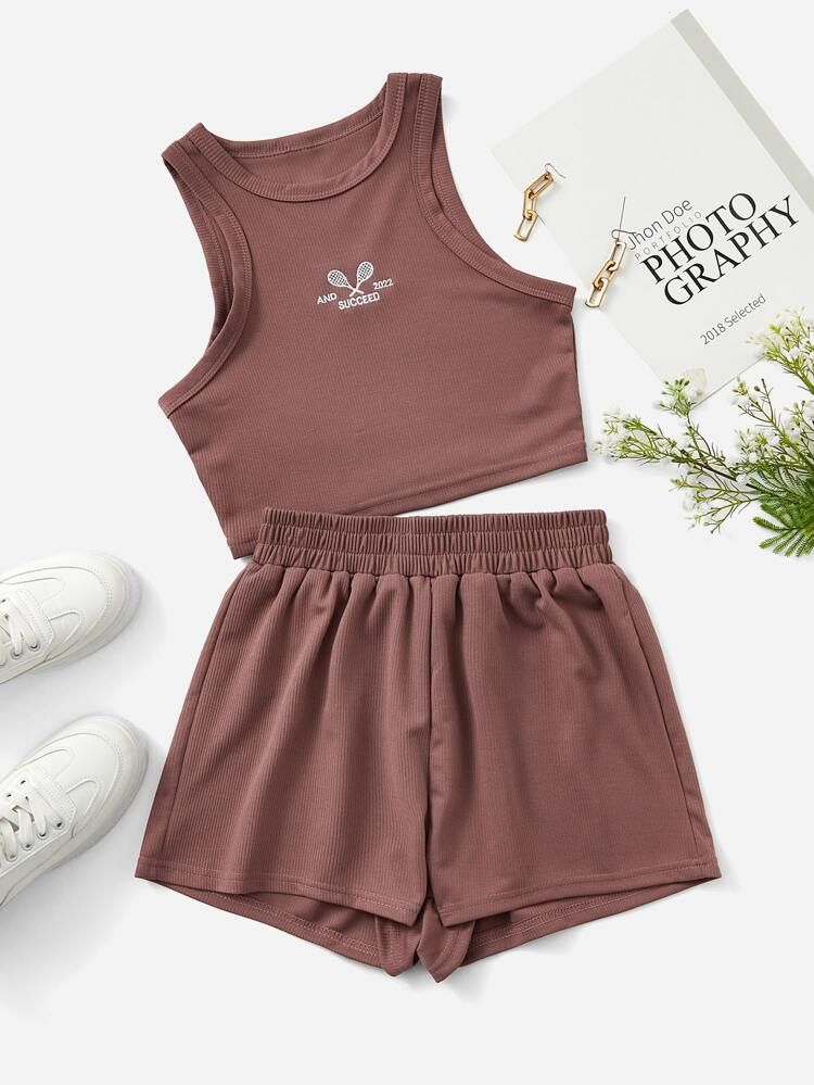 Letter Embroidery Tank Top & Track Shorts | SHEIN