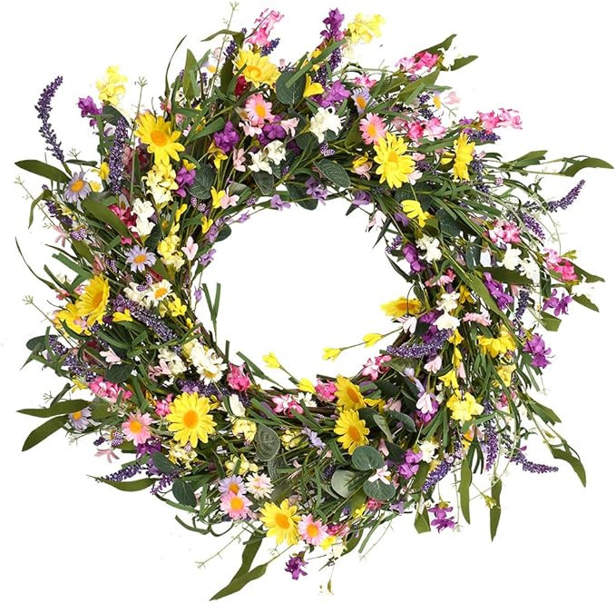 J'FLORU Spring Wreath 24 Inch Summer Wreaths for Front Door Artificial Flower Wreath with Daisy a... | Amazon (US)