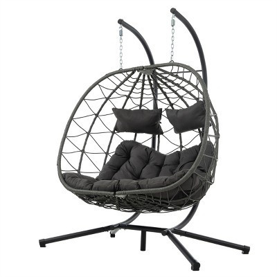ELJGET 2 Person Egg Chair with Stand, PE Wicker Hanging Swing Chair for Patio, Indoor Outdoor Hanging Egg Chair with Cushion & Headrest, Dark Gray | Target