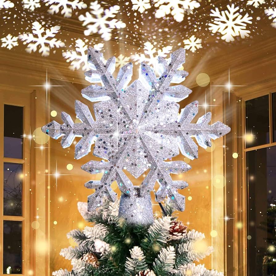Amazon.com: OurWarm Christmas Tree Topper Lighted with LED Rotating Silver Snowflake Decorations ... | Amazon (US)