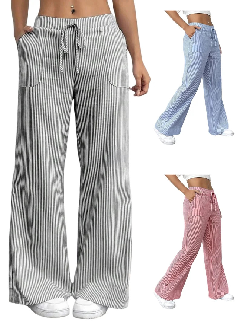 Tawop Striped Pants for Women Cotton Linen Pants Drawstring Open Bottom Pants with Pockets ,Gray ... | Walmart (US)