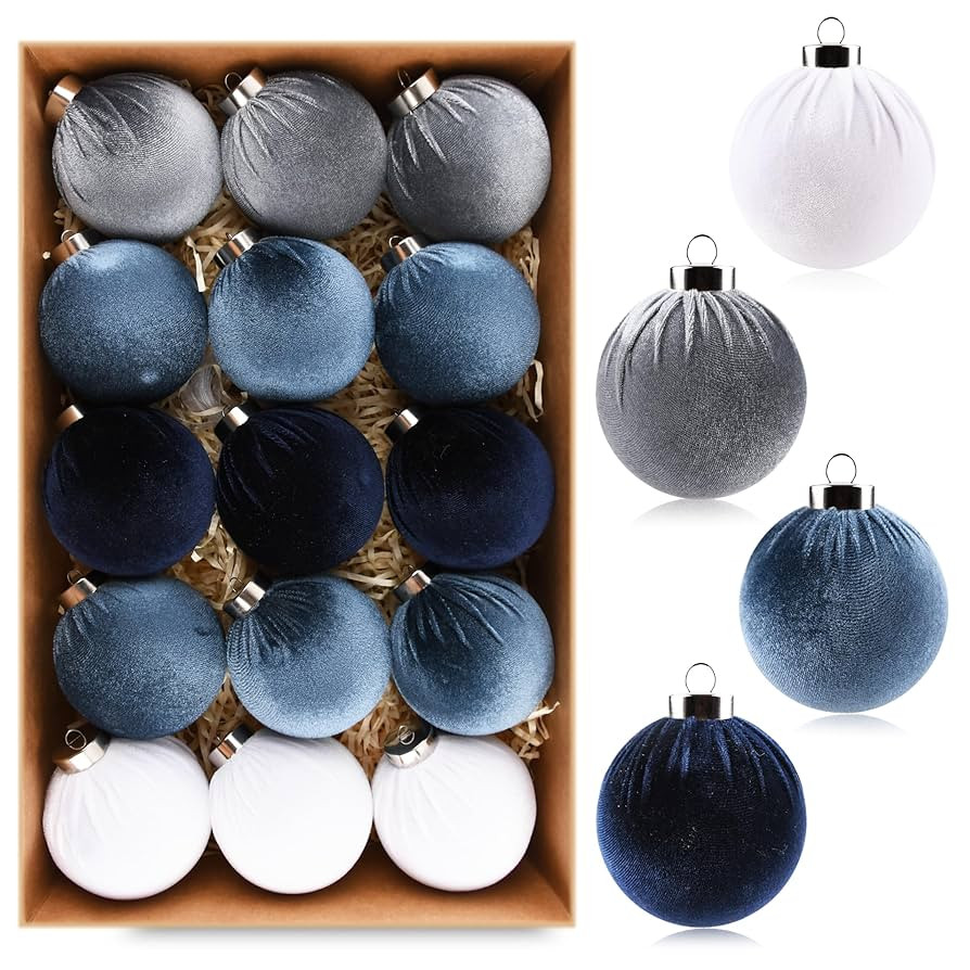 Velvet Christmas Ornaments Balls for Tree - 15pcs Blue Shatterproof Christmas Ornaments for Xmas ... | Amazon (US)