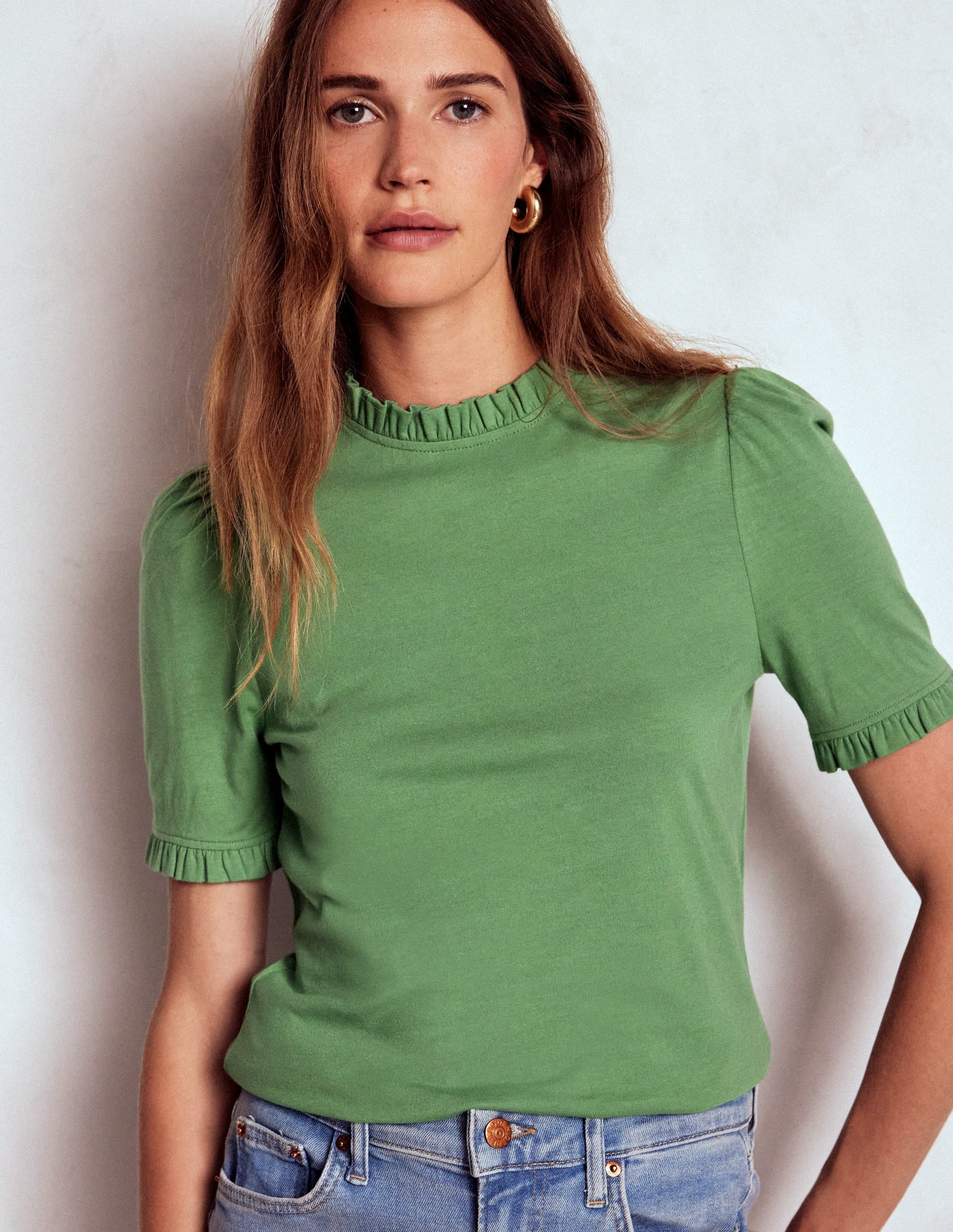 Supersoft Frill Detail T-shirt-Newt Green | Boden (US)