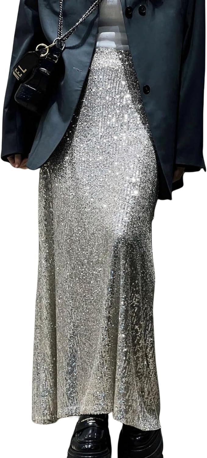 JUMISEE Women’s Silver Sequin Midi Skirt Stretchy High Waist Long Skirt Glitter Pencil Skirt fo... | Amazon (US)