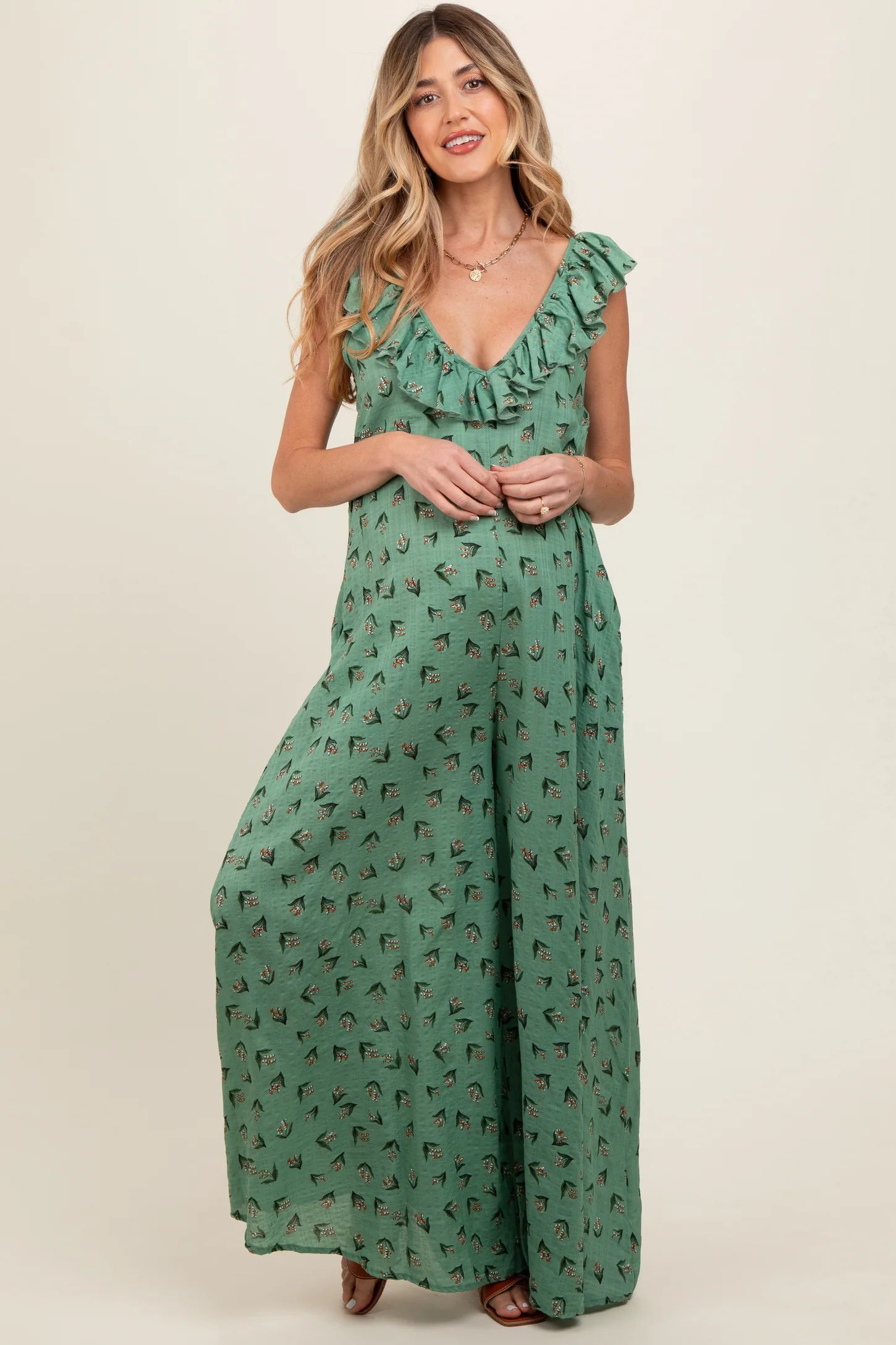 Green Floral Ruffle Accent Wide Leg Maternity Jumpsuit | PinkBlush Maternity