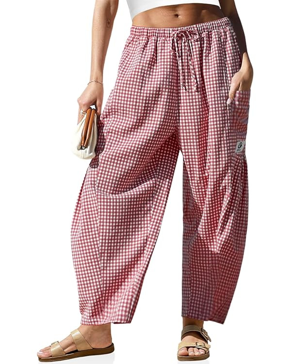 TARSE Womens Linen Wide Leg Striped Pants Casual Barrel Loose Drawstring Low Waist Palazzo Harem ... | Amazon (US)