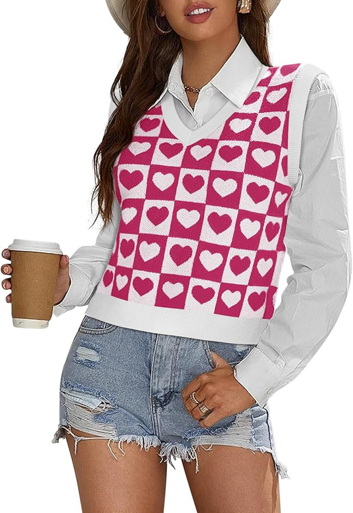 Women's Heart Print Fashion Tank Top Casual V Neck Sleeveless Cute Sweater Vest Knit Crop Tops | Amazon (US)