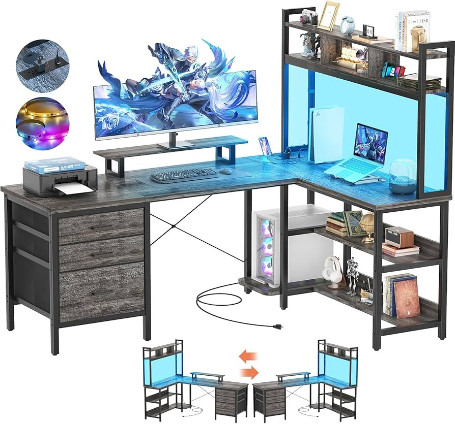 Amazon.com: Aheaplus L Shaped Desk with Hutch, Gaming Desk with Led Lights, Reversible Computer D... | Amazon (US)