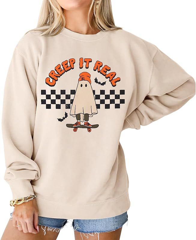 Creep It Real Halloween Sweatshirt Checkered Ghost Skateboard Crewneck Pullover Tops Spooky Seaso... | Amazon (US)