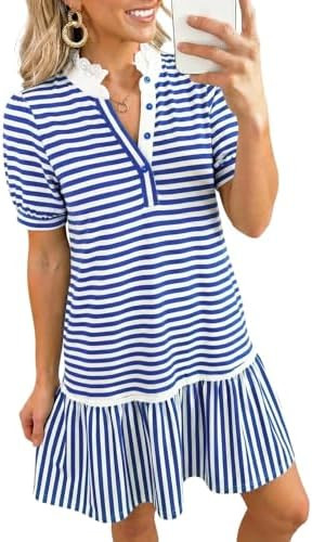 Dokotoo Women's Casual Stand Collar Tiered Babydoll Dress Short Sleeve Tunic Shift Dress with Poc... | Amazon (US)