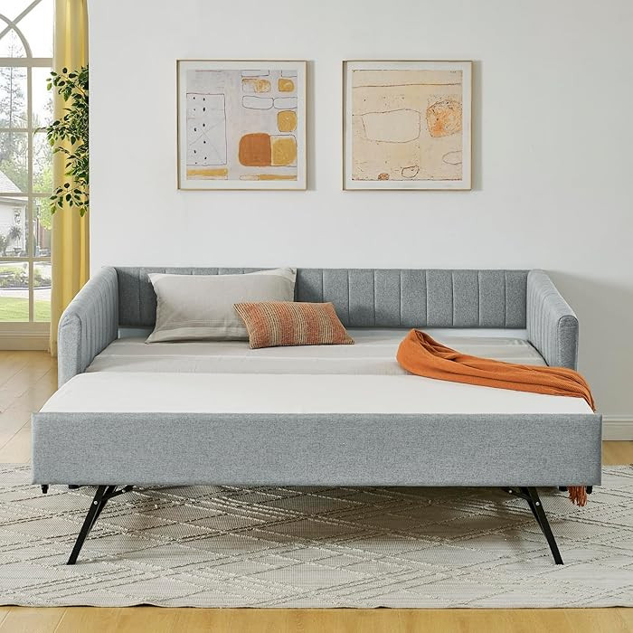 KEIKI Twin Size Upholstery Daybed with Erectable Trundle and Vertical Stripes, Twin to King Desig... | Amazon (US)
