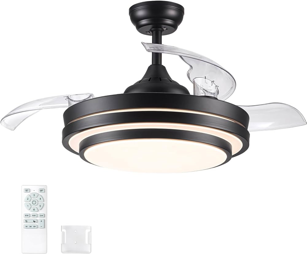 42 Inch Retractable Ceiling Fan with Lights Remote Control, Quiet Dimmable Black Modern Fandelier... | Amazon (US)