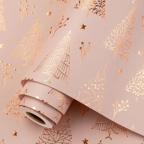 Homeral Christmas Wrapping Paper Roll - 3D Embossed Foil Tree & Star, Rose Gold Pink foil for Chr... | Amazon (US)