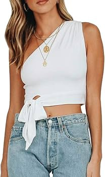 WEEPINLEE Women's Sexy One Shoulder Sleeveless Bowknot Shirts Crop Tops | Amazon (US)