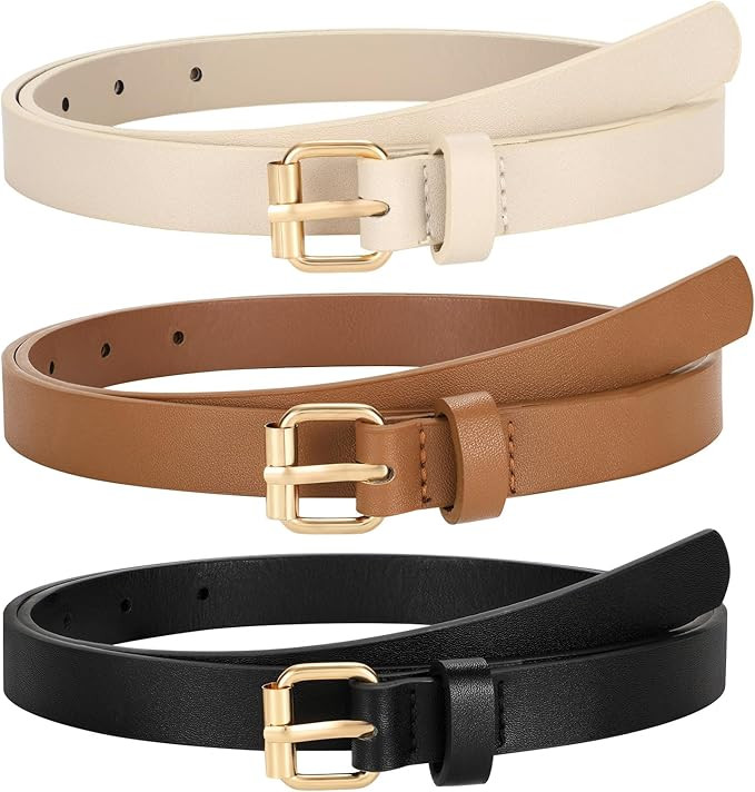 TRIWORKS 3 Pack Women Skinny Leather Belt for Jeans Pants Dress Ladies Thin Waist Belt with Gold ... | Amazon (US)