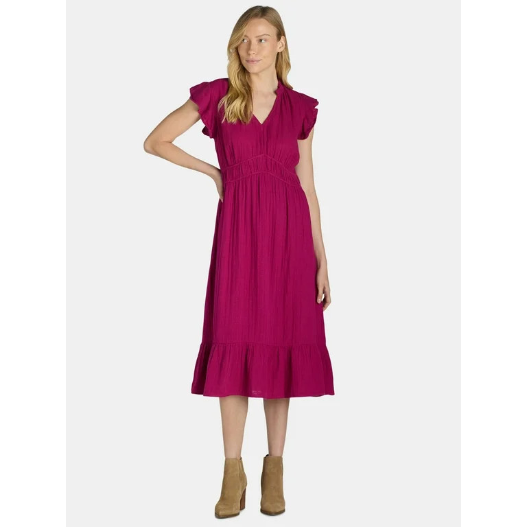 Time and Tru Women's and Women's Plus Double Cloth Midi Dress, Sizes XS-4X - Walmart.com | Walmart (US)