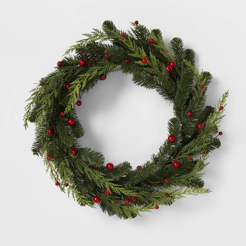 22" Mixed Greenery Pine Artificial Christmas Wreath with Red Berries - Wondershop™ | Target