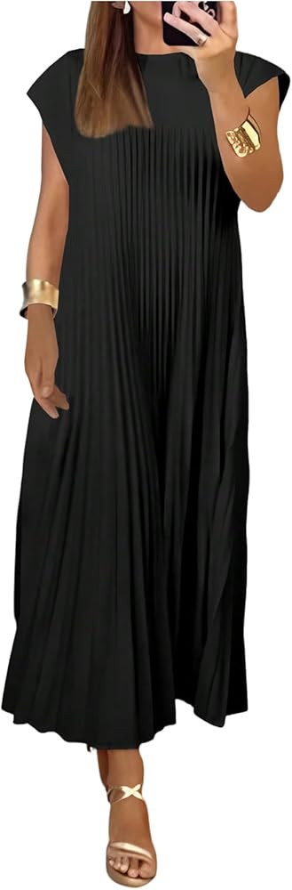 GORGLITTER Women's Pleated Church Maxi Dresses Summer Casual Short Sleeve Crew Neck Flowy Loose L... | Amazon (US)