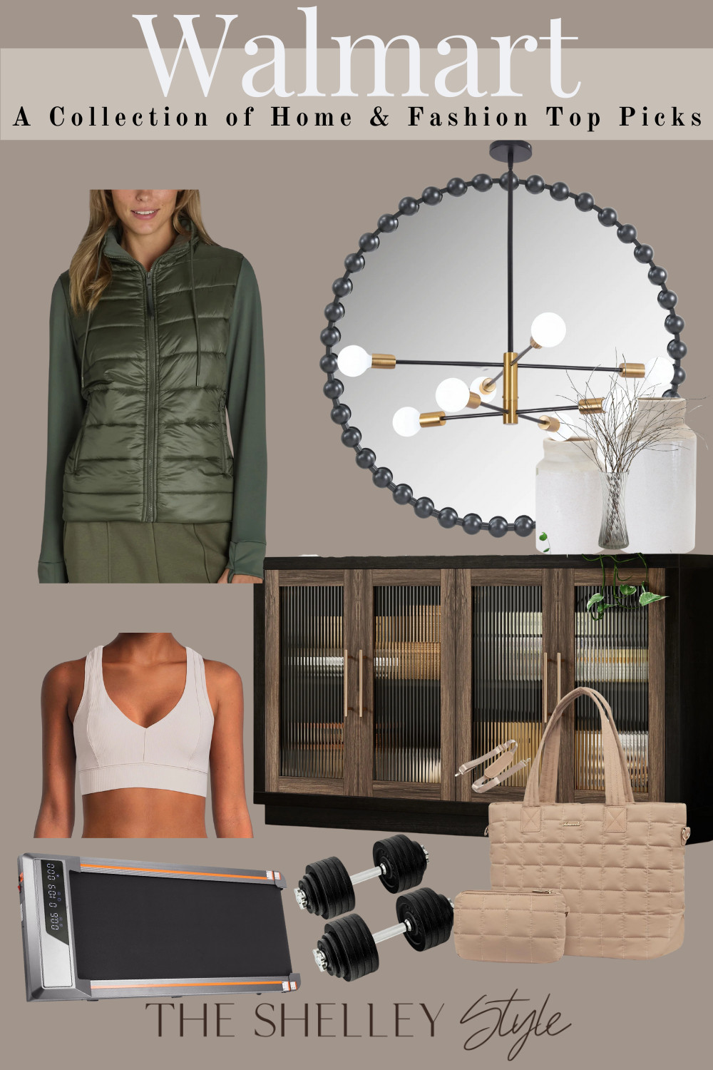 Walmart Finds: A collection of Home & Fashion Top Picks. Athleisure zip up, cropped tank, modern black cabinet, black mirror, modern chandelier, ceramic vase, faux stems, walking pad, adjustable weights, tote bag. #homedecor #athleisurewear
 

 #LTKHome #LTKFitness #LTKWorkwear