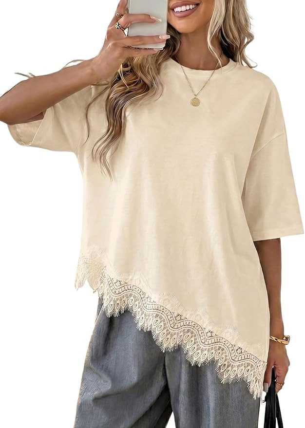 LOLONG Women's Casual Crew Neck Half Sleeve T-Shirt Asymmetrical Hem Lace Patchwork Loose Fit Top... | Amazon (US)