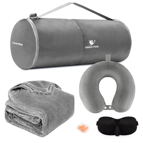 urnexttour Travel Pillow and Blanket Set- Premium Soft Airplane Blanket with Durable Travel Bag, Hand Luggage Belt Compact Pack Large Blanket for Travel (Grey) | Amazon (US)