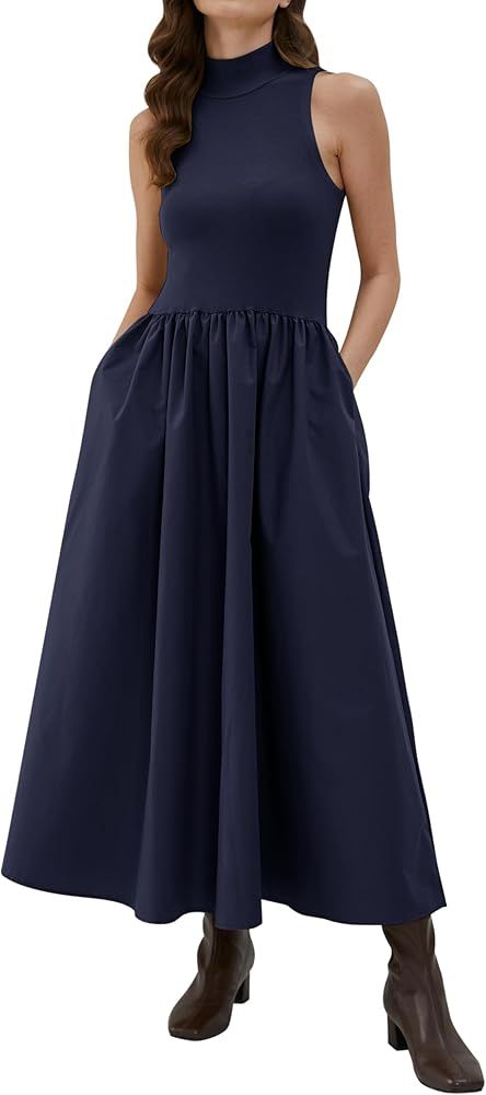 Lauweion Women's Sleeveless Turtleneck Maxi Dress Patchwork Casual Solid Flowy Mock Neck Long Dre... | Amazon (US)