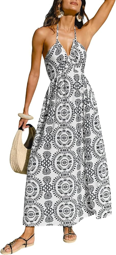 CUPSHE Women's Summer Dresses Floral Halter Tie-Up Sleeveless Backless Flowy Maxi Dress | Amazon (US)