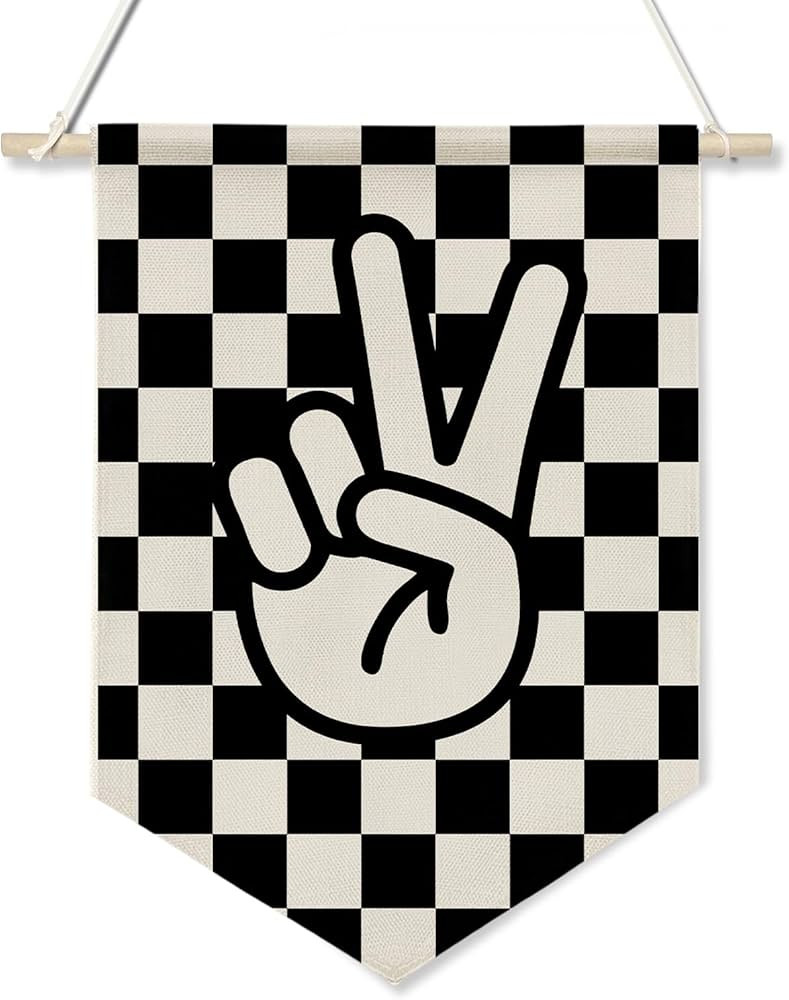 Peace Sign Wall Hanging Banner,Black and White Checkered Canvas Flag for Boys Room, Teen Room, Co... | Amazon (US)