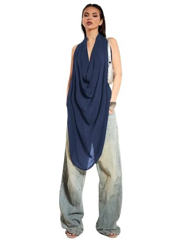 OYOANGLE Women's Backless Cowl Neck Sleeveless Tank Top Draped Front Chiffon Trendy Tops Teal Blue X-Small | Amazon (US)