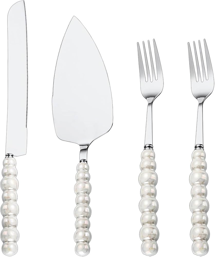 4 Pcs Wedding Cake Knife, Fork and Server Set, Stainless Steel with Pearl White Handle, Serrated ... | Amazon (US)