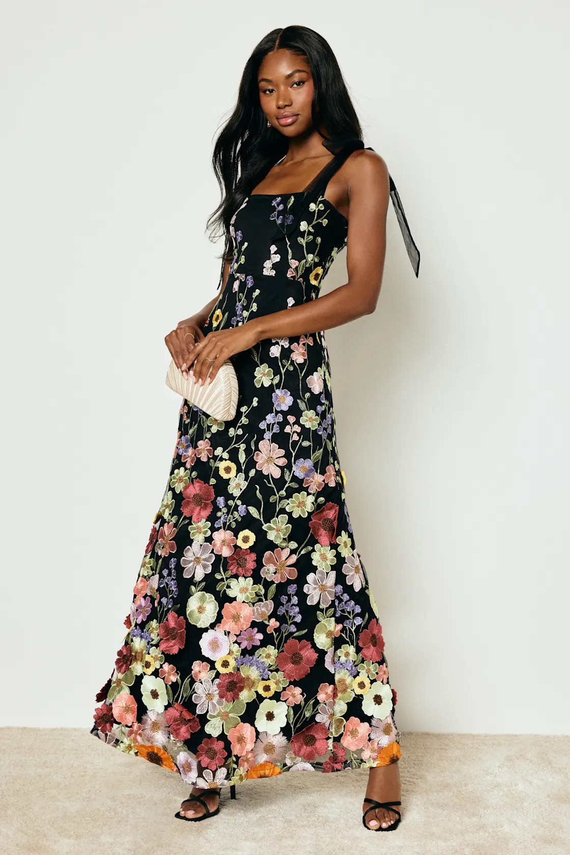 Thriving Poise Black 3D Floral Embroidered Tie-Strap Maxi Dress | Lulus