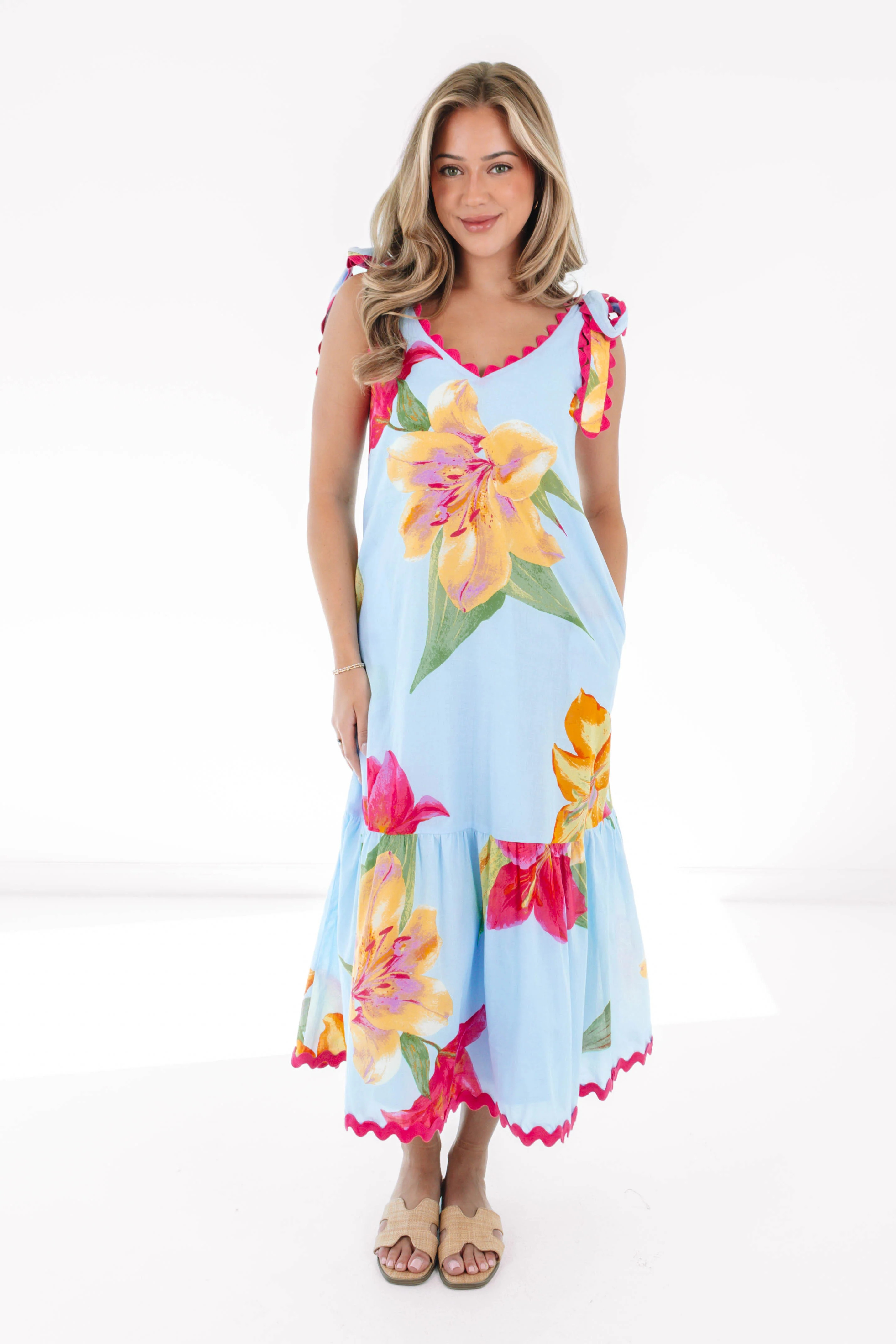 The Kiera Ric Rac Tie Strap Midi Dress | J.Marie