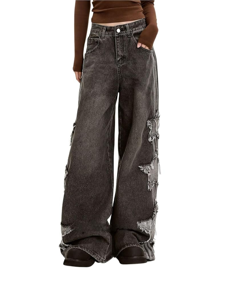 Baggy Jeans for Woman Girls Star Patchwork High Waist Cute Jean Streetwear Loose Pants Grunge Emo... | Amazon (US)