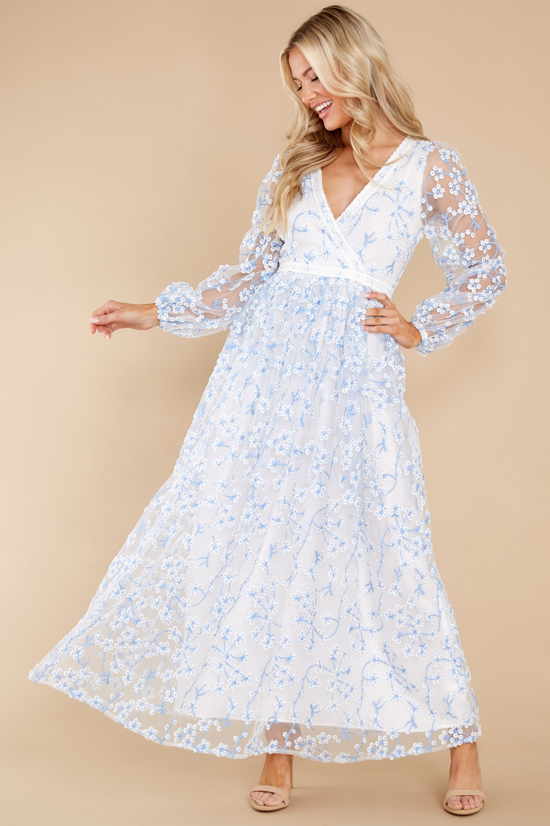 Heavenly Sights Blue And White Floral Embroidered Maxi Dress | Red Dress 