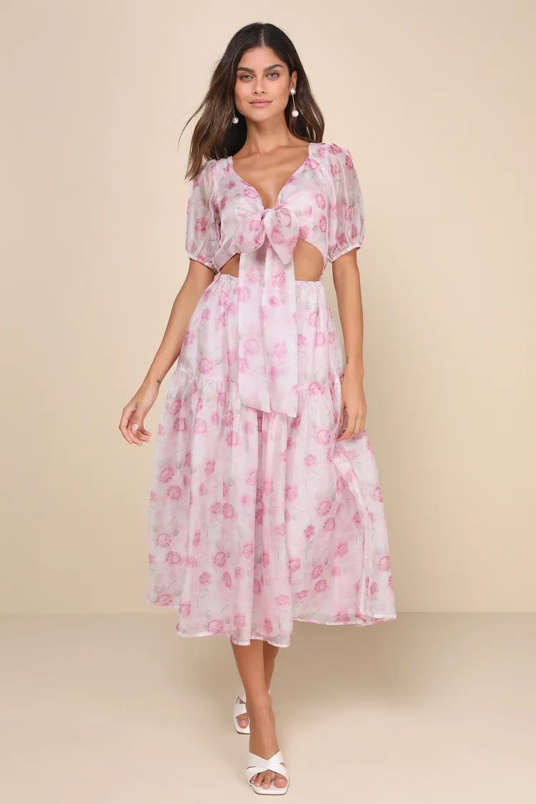 Ideal Poise Blush Floral Chiffon Backless Tie-Front Midi Dress | Lulus