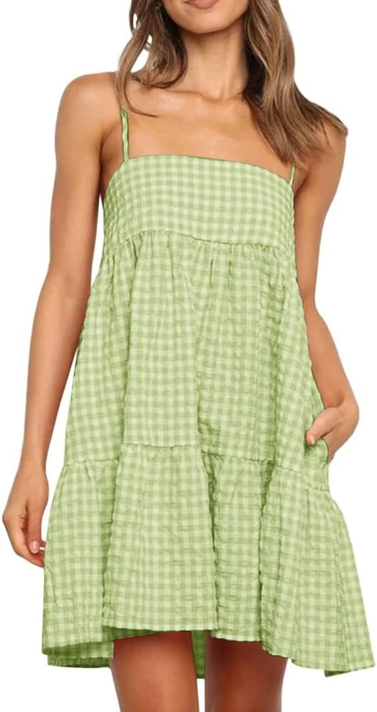 LPCBDEE Womens Plaid A-line Dress Shoulder Strap Ruffle Hem Casual Mini Dress with Side Pockets G... | Amazon (US)