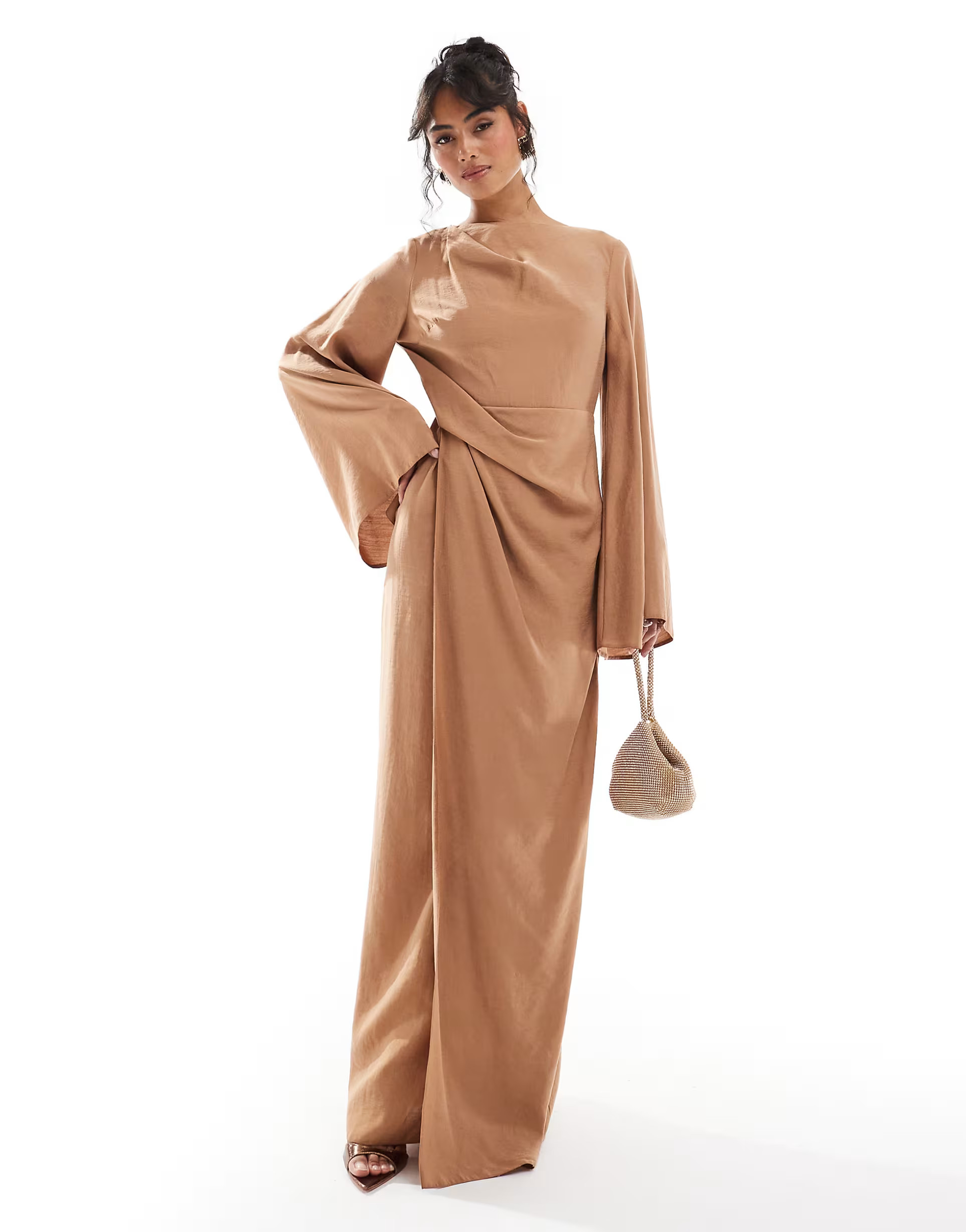 ASOS DESIGN twist front extreme sleeve maxi dress in caramel brown | ASOS | ASOS (Global)