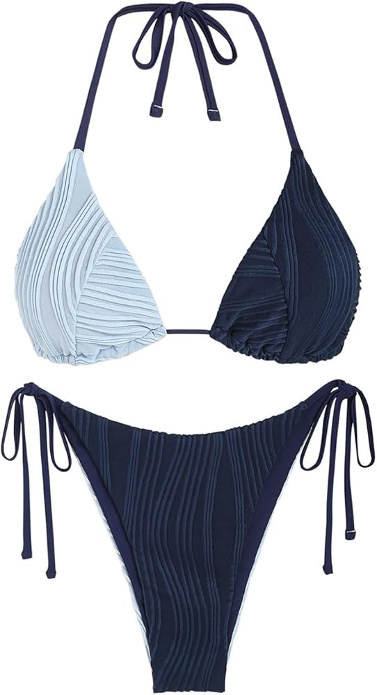 ZAFUL Bikini Sets for Women Halter Two Piece Swimsuit Ribbed High Cut Tie Side Thong Bathing Suit... | Amazon (US)