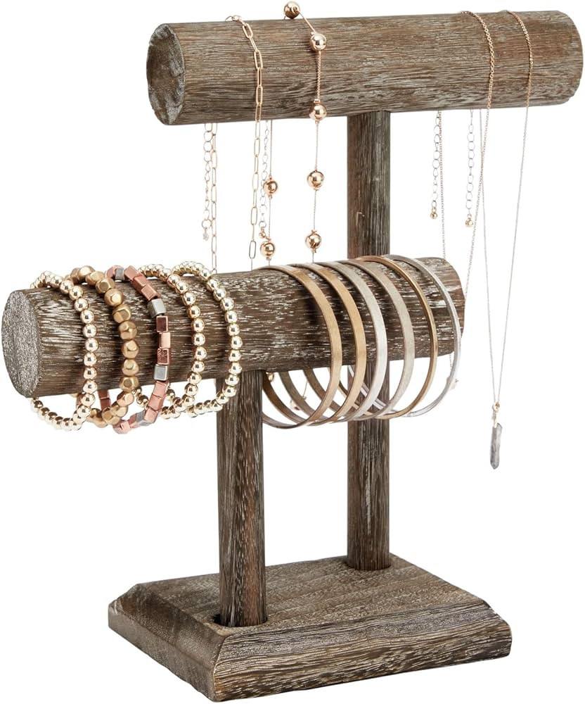 Bright Creations Rustic-Style 2-Tier Jewelry Organizer Stand, Wooden T-Bar Necklace Rack and Brac... | Amazon (US)