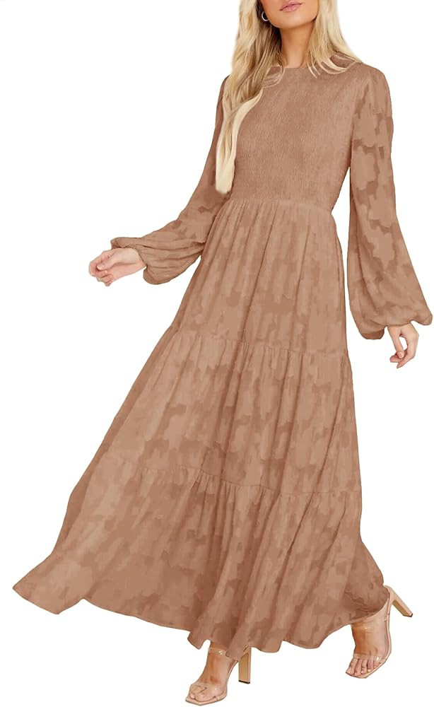 MITILLY Women's Elegant Floral Long Sleeve Round Neck Smocked A-Line Flowy Tiered Maxi Dress with... | Amazon (US)
