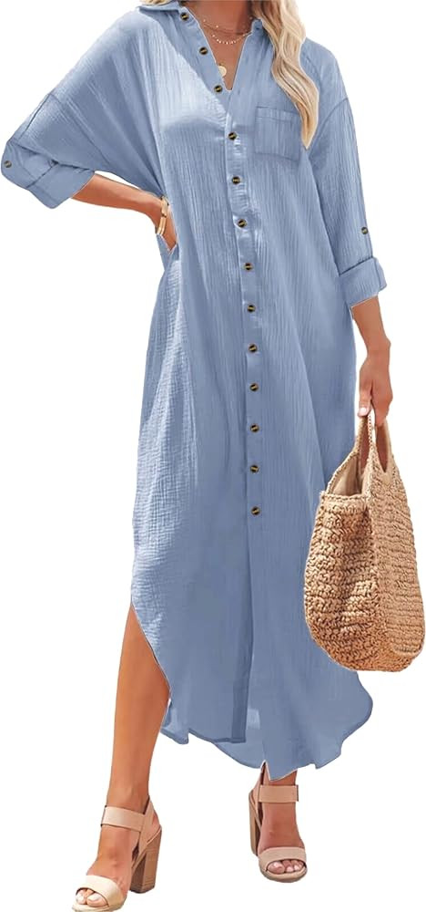 Kuraki Women's Casual Print Button Front Maxi Shirt Dress | Amazon (US)